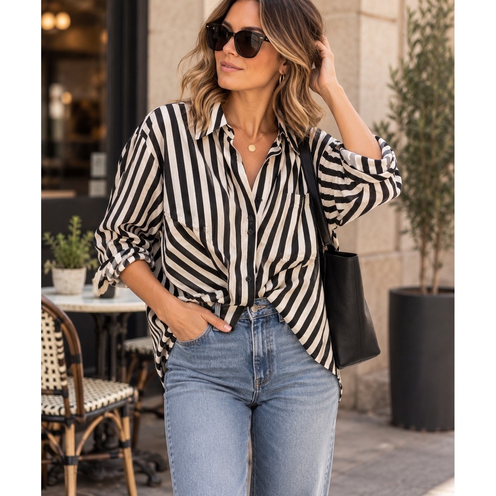 Paris Minimalist Linen Striped Oversized Twist Front Shirt Coastal Chic Sz L